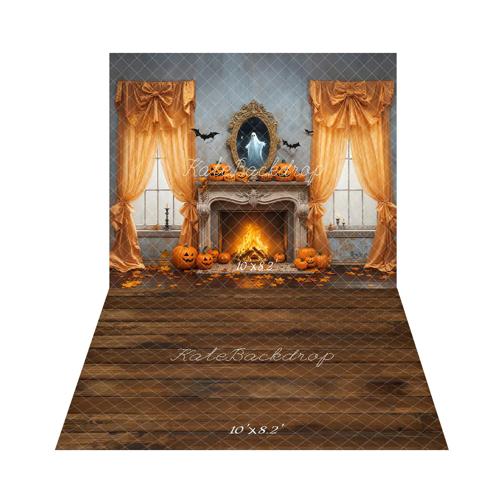 Kate Halloween Fireplace Curtains Ghost Backdrop+Brown Wooden Floor Backdrop - Image 3
