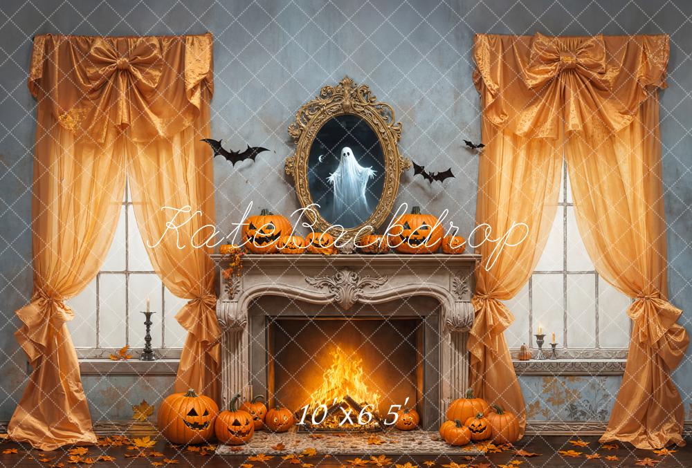 Kate Halloween Fireplace Ghost Pumpkins Bats Fleece Backdrop Designed by Emetselch - Image 2