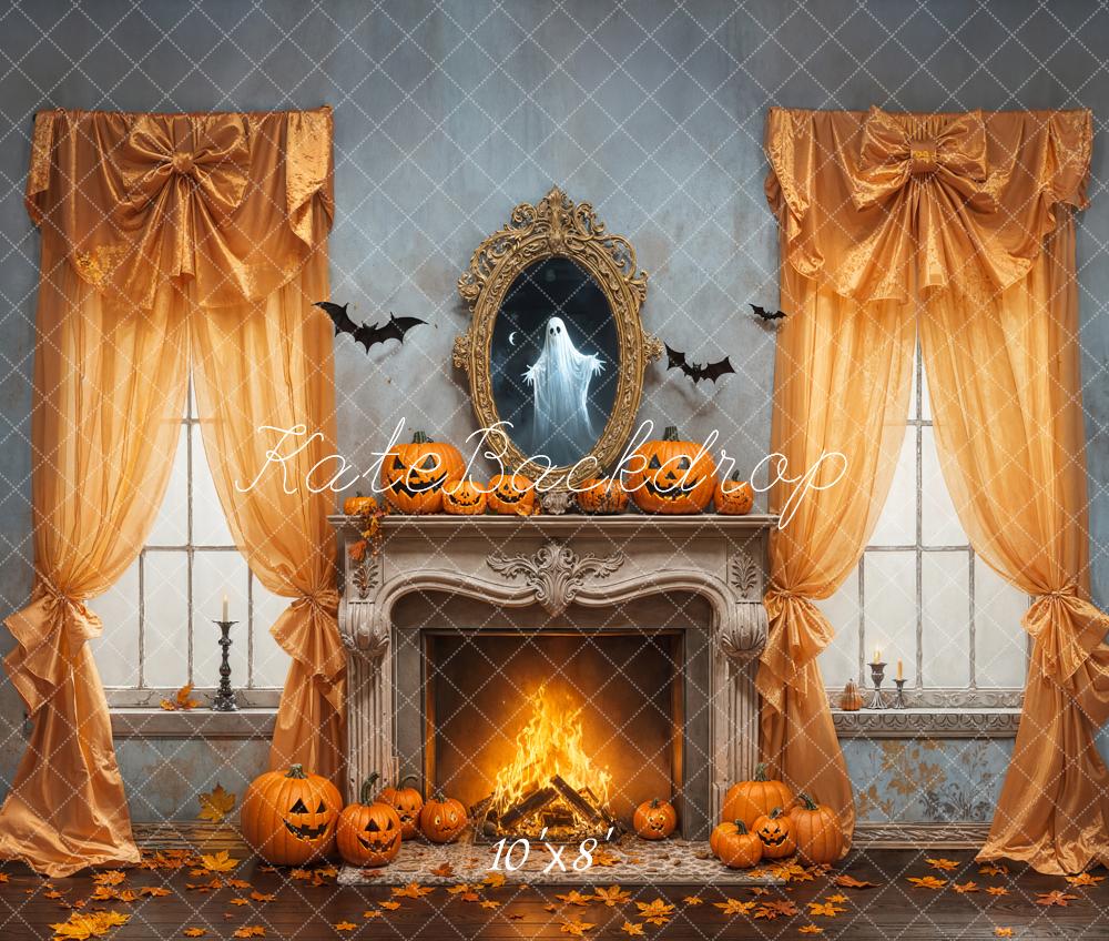 Kate Halloween Fireplace Ghost Pumpkins Bats Fleece Backdrop Designed by Emetselch - Image 3