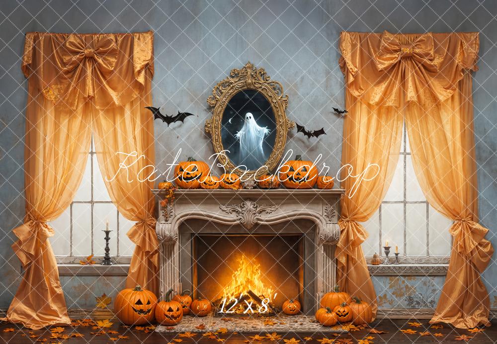 Kate Halloween Fireplace Ghost Pumpkins Bats Fleece Backdrop Designed by Emetselch - Image 4