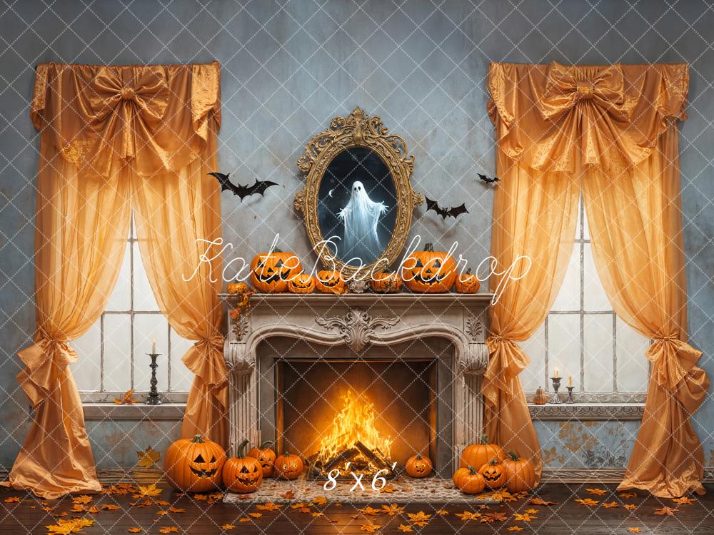 Kate Halloween Fireplace Pumpkins Ghost Backdrop Designed by Emetselch - Image 3