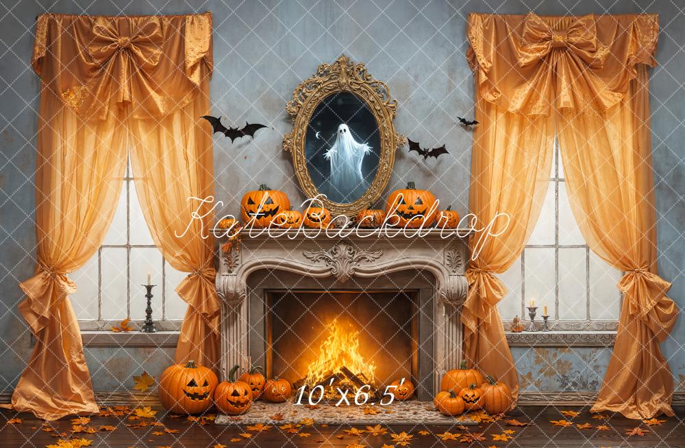 Kate Halloween Fireplace Pumpkins Ghost Backdrop Designed by Emetselch - Image 4