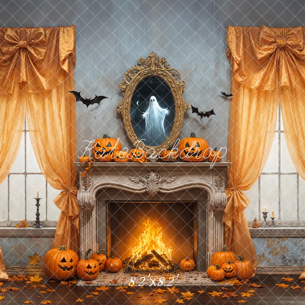 Kate Halloween Fireplace Pumpkins Ghost Backdrop Designed by Emetselch - Image 5