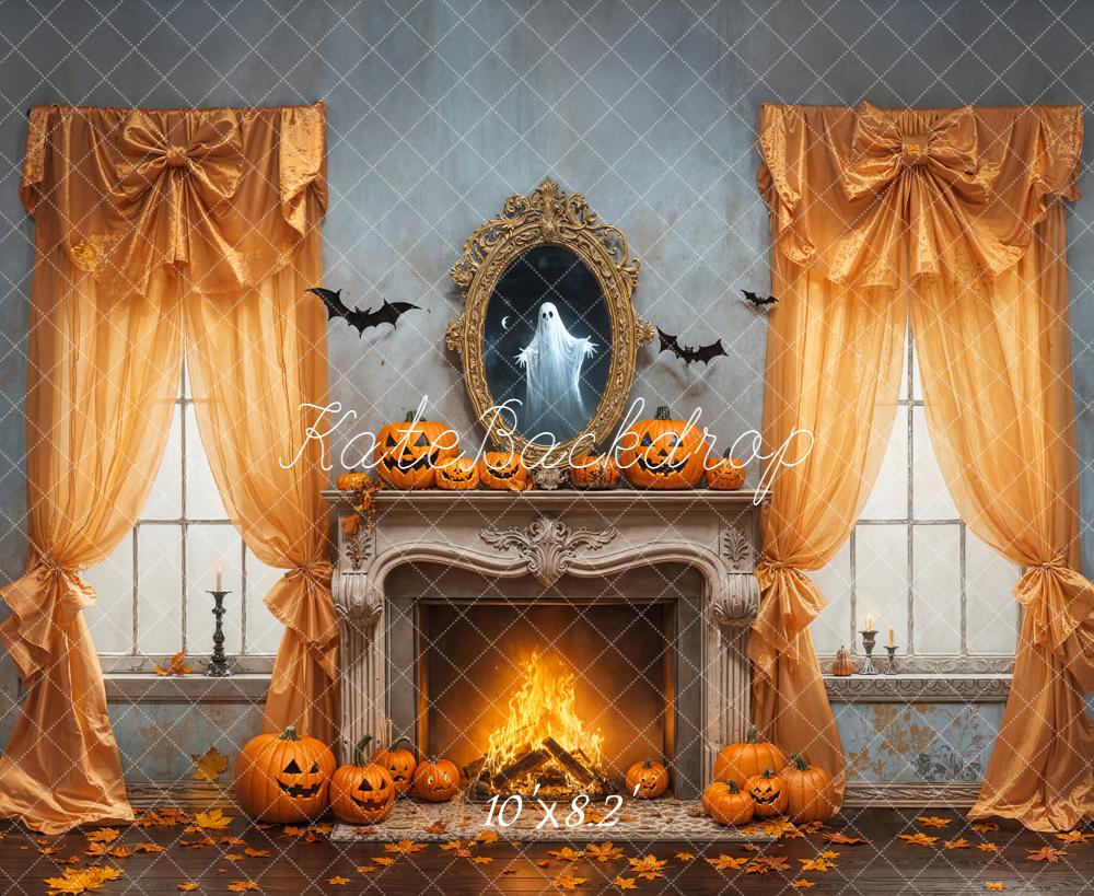 Kate Halloween Fireplace Pumpkins Ghost Backdrop Designed by Emetselch - Image 6