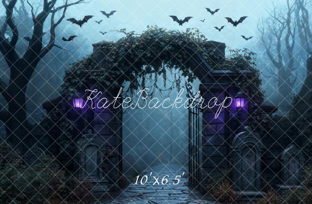 Kate Halloween Gothic Cemetery Arch Bats Fleece Backdrop Designed by Emetselch - Image 2