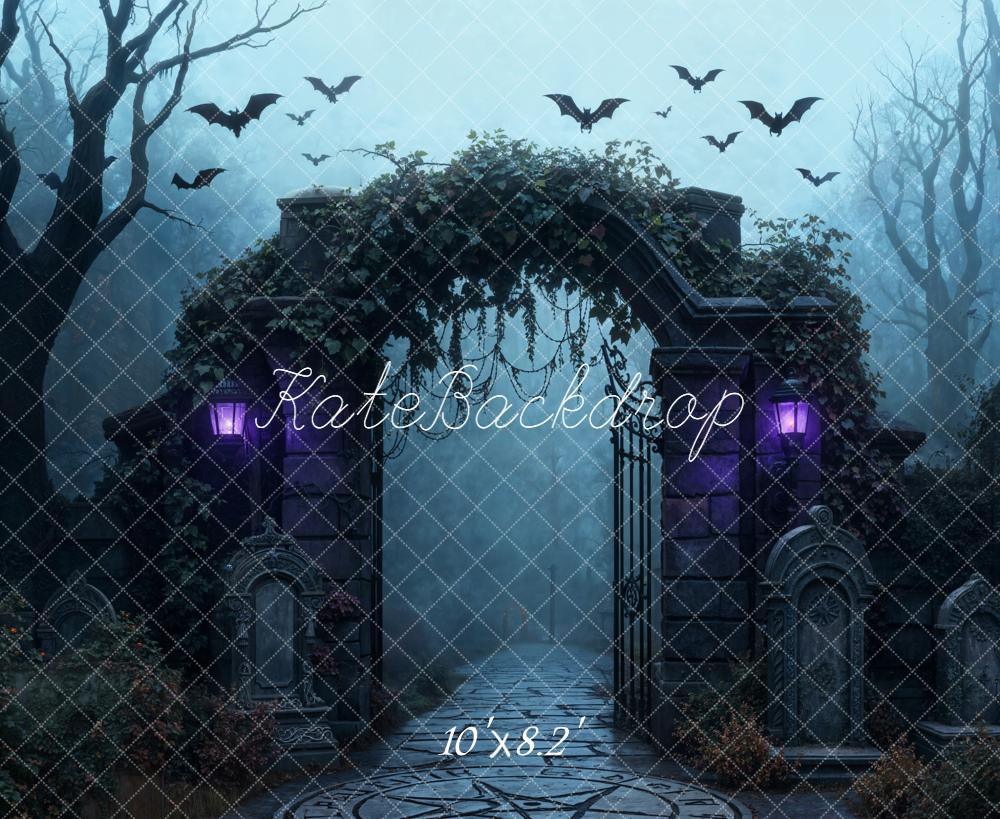 Kate Halloween Gothic Cemetery Arch Bats Fleece Backdrop Designed by Emetselch - Image 3