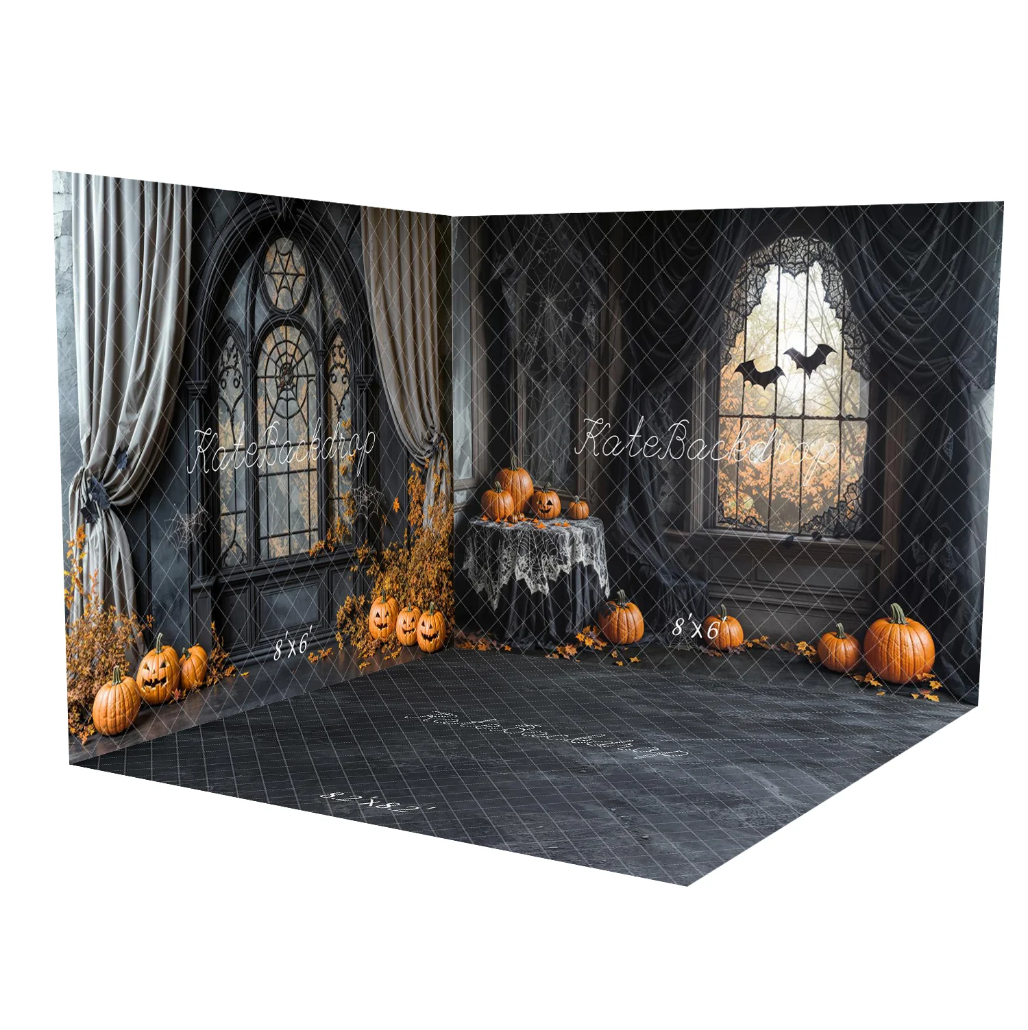 Kate Halloween Gothic Spider Web Window Pumpkins Bats Room Set - Image 2