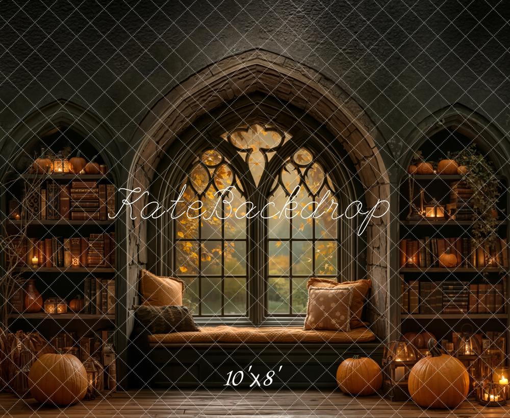 Kate Halloween Gothic Window Bookshelf Pumpkin Fleece Backdrop Designed by Emetselch - Image 3