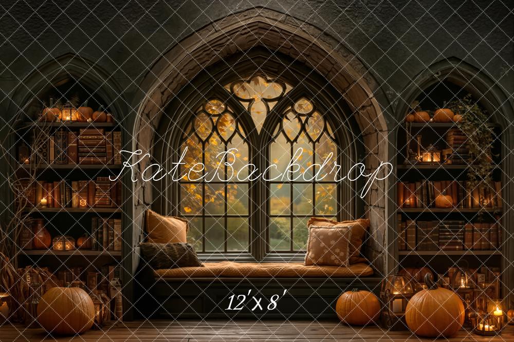 Kate Halloween Gothic Window Bookshelf Pumpkin Fleece Backdrop Designed by Emetselch - Image 4