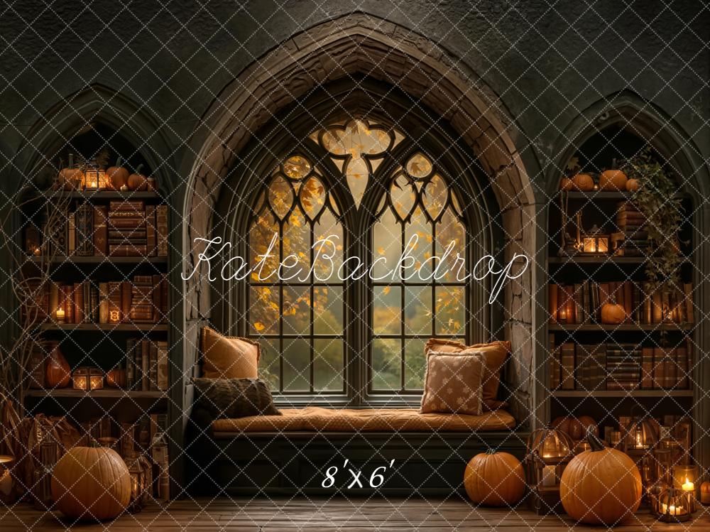 Kate Halloween Gothic Window Pumpkins Bookshelves Backdrop Designed by Emetselch - Image 3