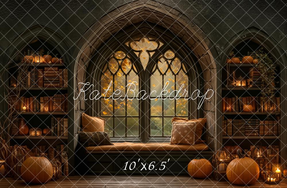 Kate Halloween Gothic Window Pumpkins Bookshelves Backdrop Designed by Emetselch - Image 4