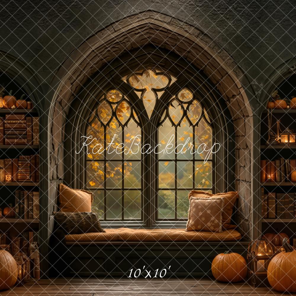 Kate Halloween Gothic Window Pumpkins Bookshelves Backdrop Designed by Emetselch - Image 7