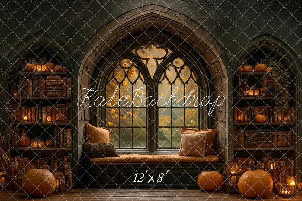 Kate Halloween Gothic Window Pumpkins Bookshelves Backdrop Designed by Emetselch - Image 8