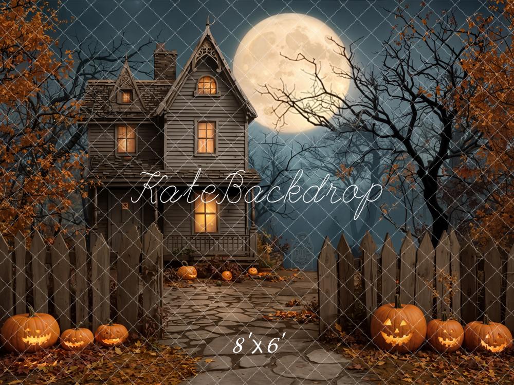Kate Halloween House Pumpkins Moon Night Backdrop Designed by Emetselch - Image 3