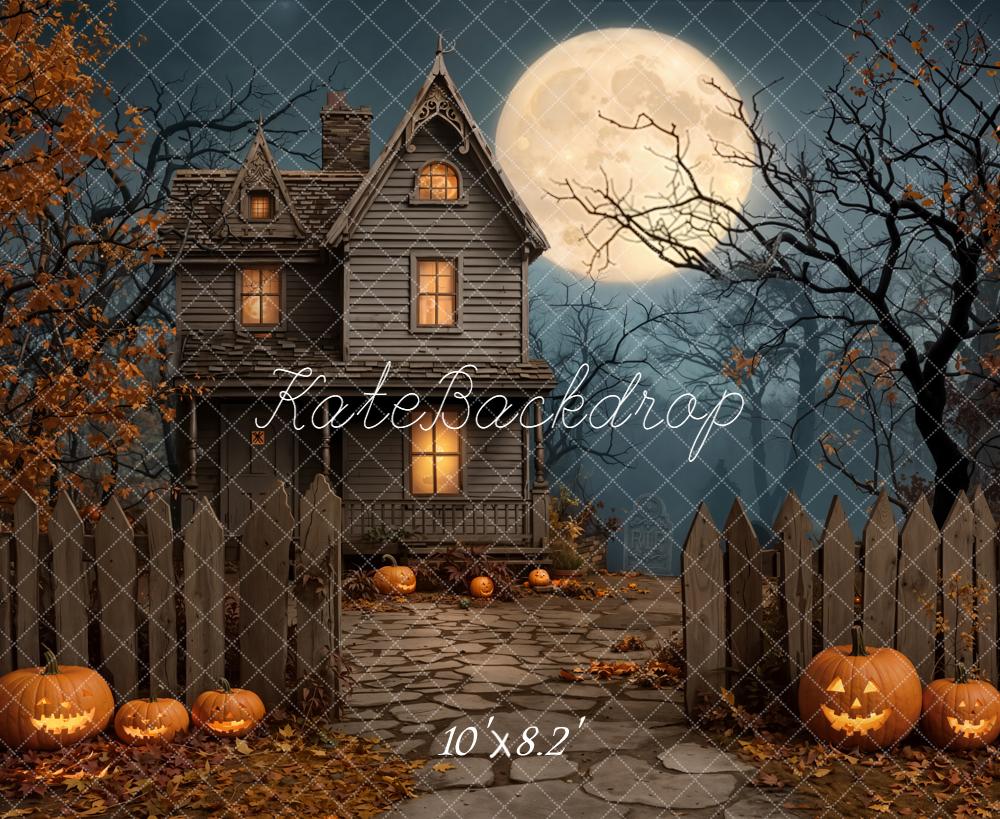 Kate Halloween House Pumpkins Moon Night Backdrop Designed by Emetselch - Image 6