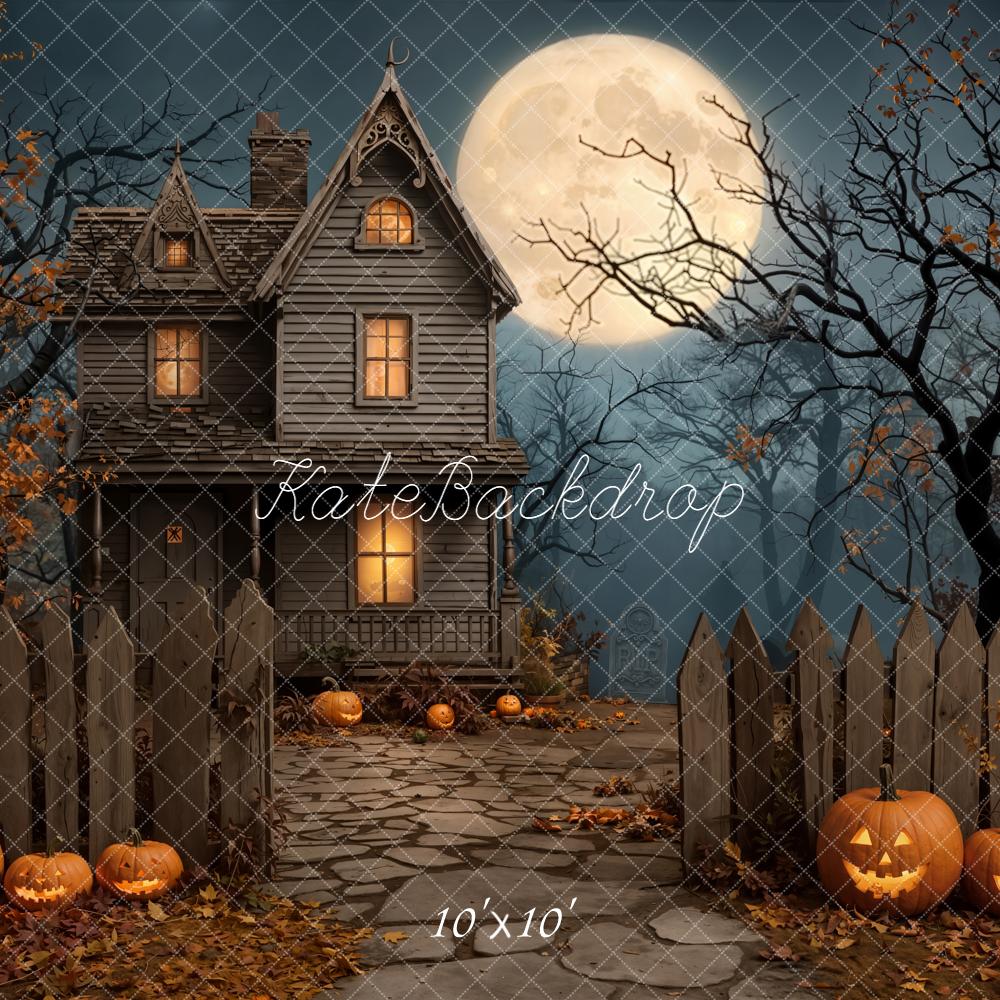 Kate Halloween House Pumpkins Moon Night Backdrop Designed by Emetselch - Image 7