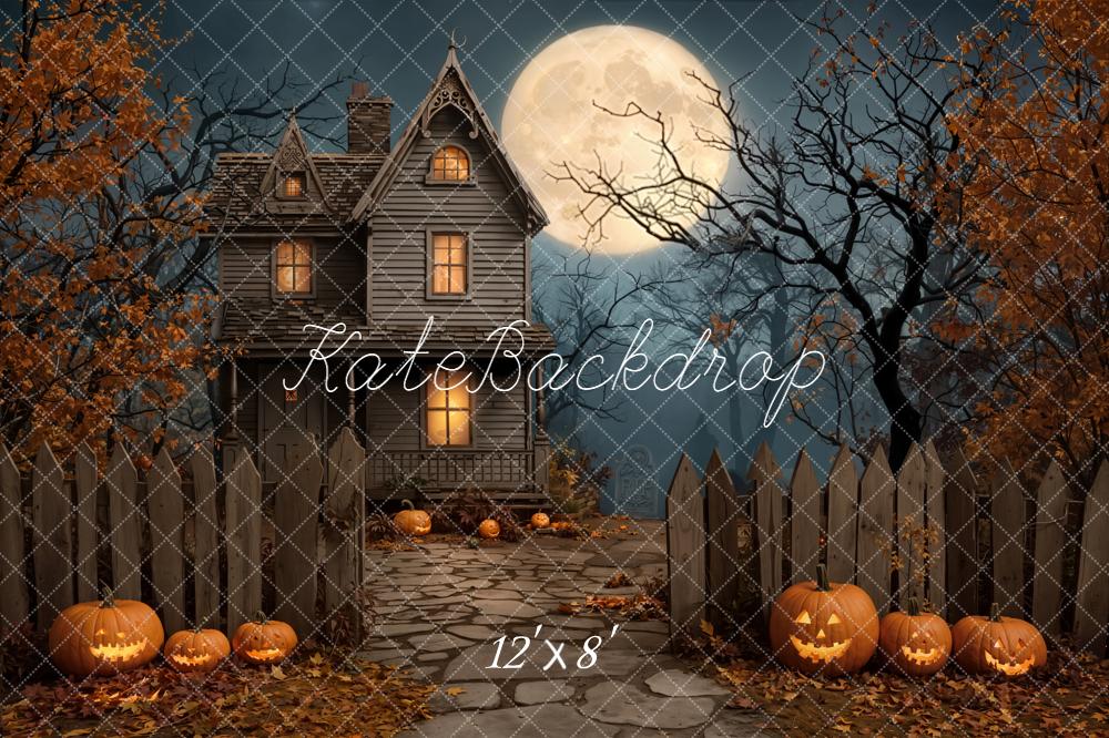 Kate Halloween House Pumpkins Moon Night Backdrop Designed by Emetselch - Image 8