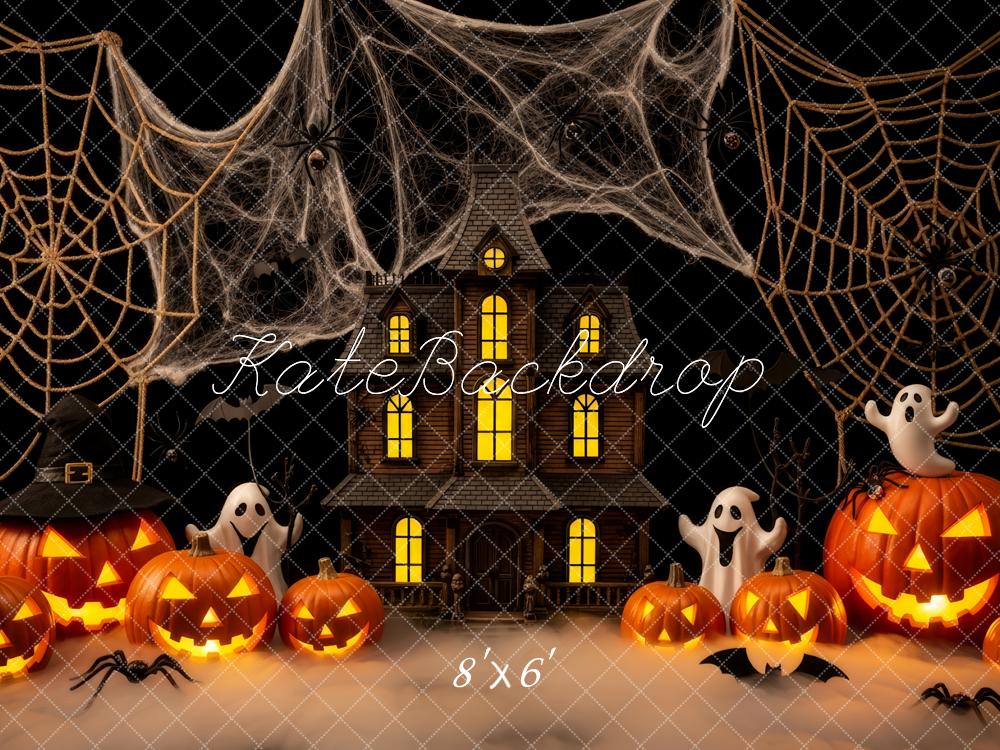 Kate Halloween Haunted House Pumpkins Spider Webs Backdrop Designed by Patty Robert - Image 3
