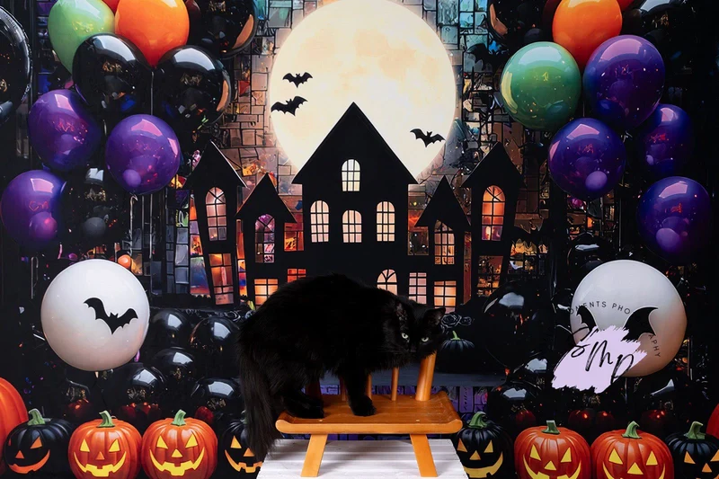 Kate Halloween Moon Haunted House Balloons Backdrop Designed by Mini MakeBelieve - Image 2