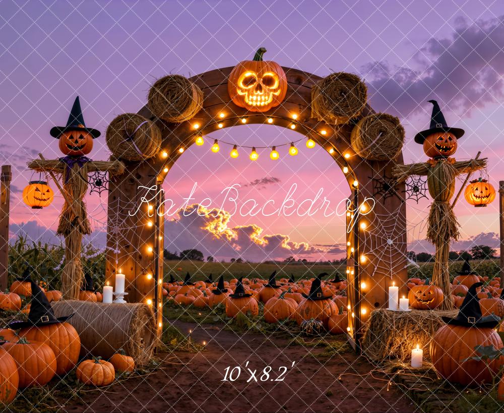 Kate Halloween Pumpkin Arch Scarecrow Field Fleece Backdrop Designed by Emetselch - Image 3