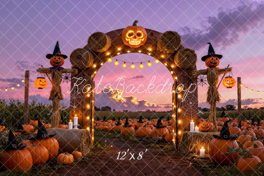 Kate Halloween Pumpkin Arch Scarecrow Field Fleece Backdrop Designed by Emetselch - Image 4