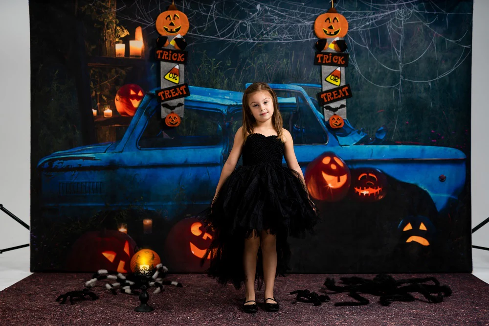 Kate Halloween Pumpkin Car Backdrop Fall Night for Photography - Image 3