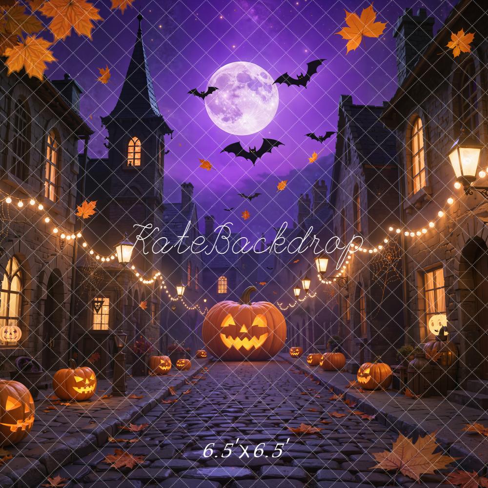 Kate Halloween Pumpkin Cobblestone Street Purple Backdrop Designed by Emetselch - Image 2