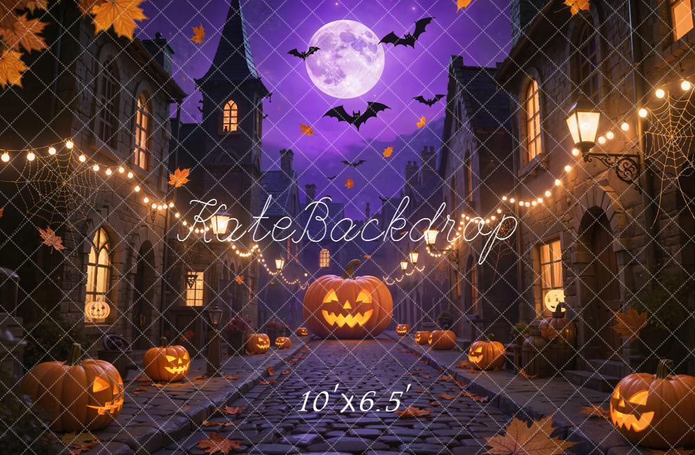 Kate Halloween Pumpkin Cobblestone Street Purple Backdrop Designed by Emetselch - Image 7