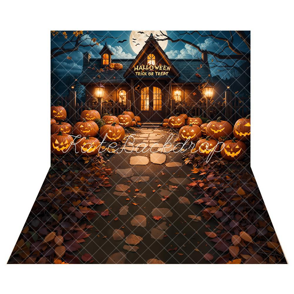 Kate Halloween Pumpkin Cottage Backdrop+Forest Fallen Leaves Path Floor Backdrop - Image 2