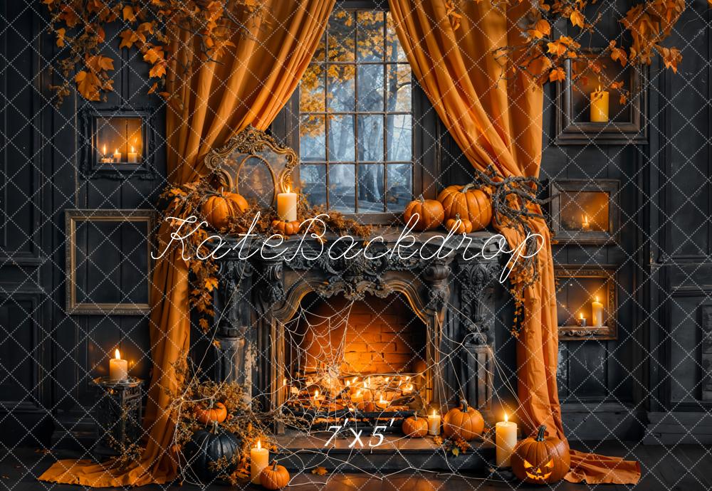 Kate Halloween Pumpkin Curtain Black Fireplace Backdrop Designed by Emetselch - Image 2