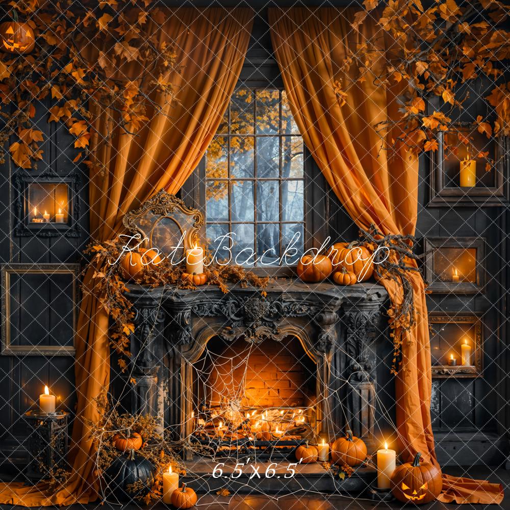 Kate Halloween Pumpkin Curtain Black Fireplace Backdrop Designed by Emetselch - Image 3
