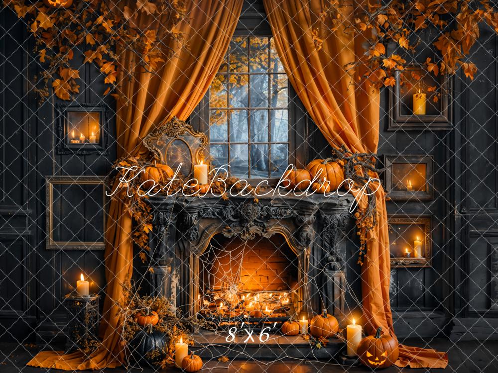 Kate Halloween Pumpkin Curtain Black Fireplace Backdrop Designed by Emetselch - Image 4