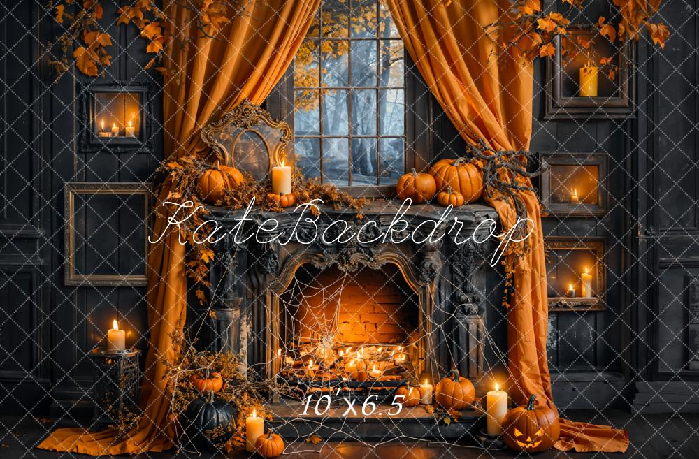 Kate Halloween Pumpkin Curtain Black Fireplace Backdrop Designed by Emetselch - Image 5