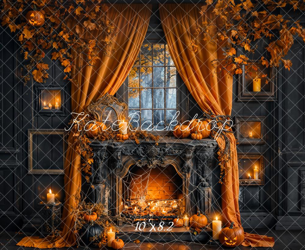 Kate Halloween Pumpkin Curtain Black Fireplace Backdrop Designed by Emetselch - Image 6
