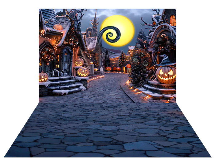Kate Halloween Pumpkin Dark Town Street+Dark Blue Cobblestone Rubber Floor Mat - Image 2