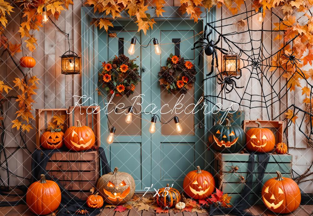 Kate Halloween Pumpkin Maple Blue Door Backdrop Designed by Emetselch - Image 2