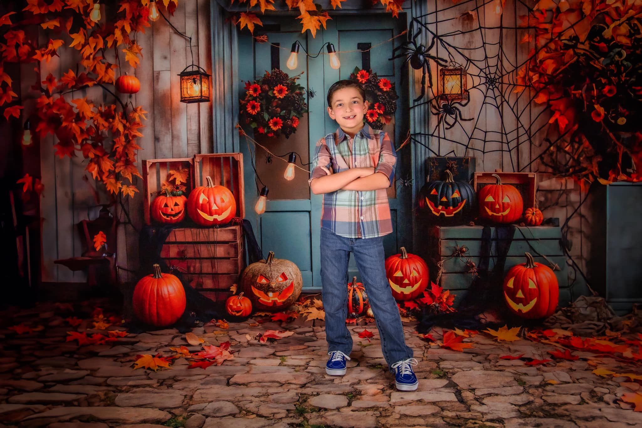 Kate Halloween Pumpkin Maple Blue Door Backdrop Designed by Emetselch - Image 3