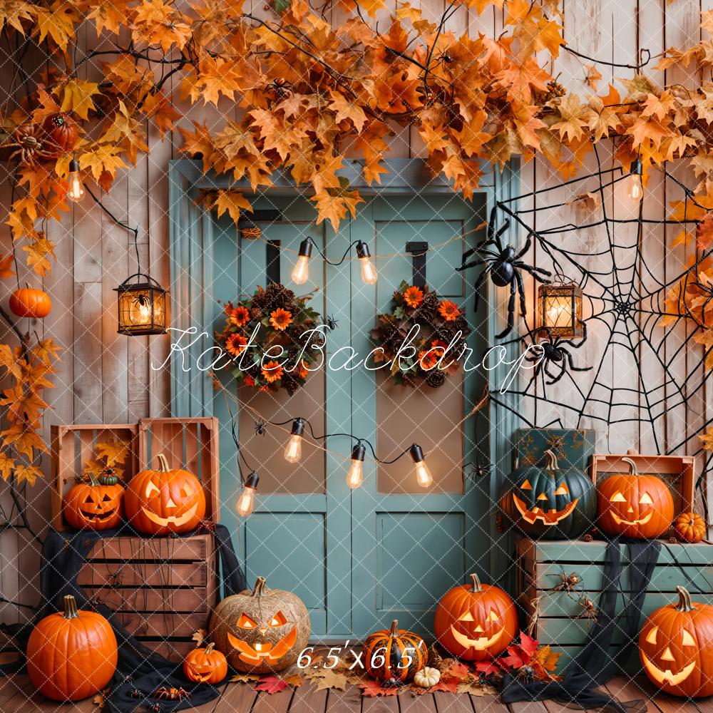 Kate Halloween Pumpkin Maple Blue Door Backdrop Designed by Emetselch - Image 4