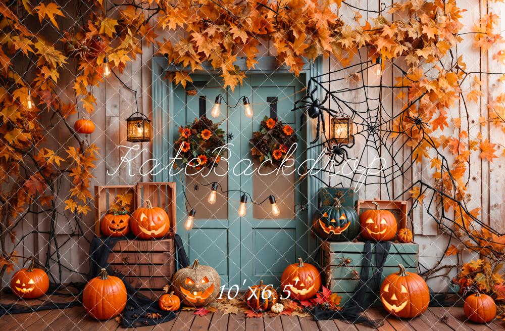 Kate Halloween Pumpkin Maple Blue Door Backdrop Designed by Emetselch - Image 5
