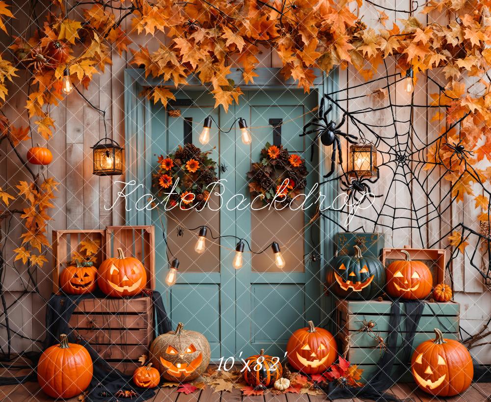 Kate Halloween Pumpkin Maple Blue Door Backdrop Designed by Emetselch - Image 6
