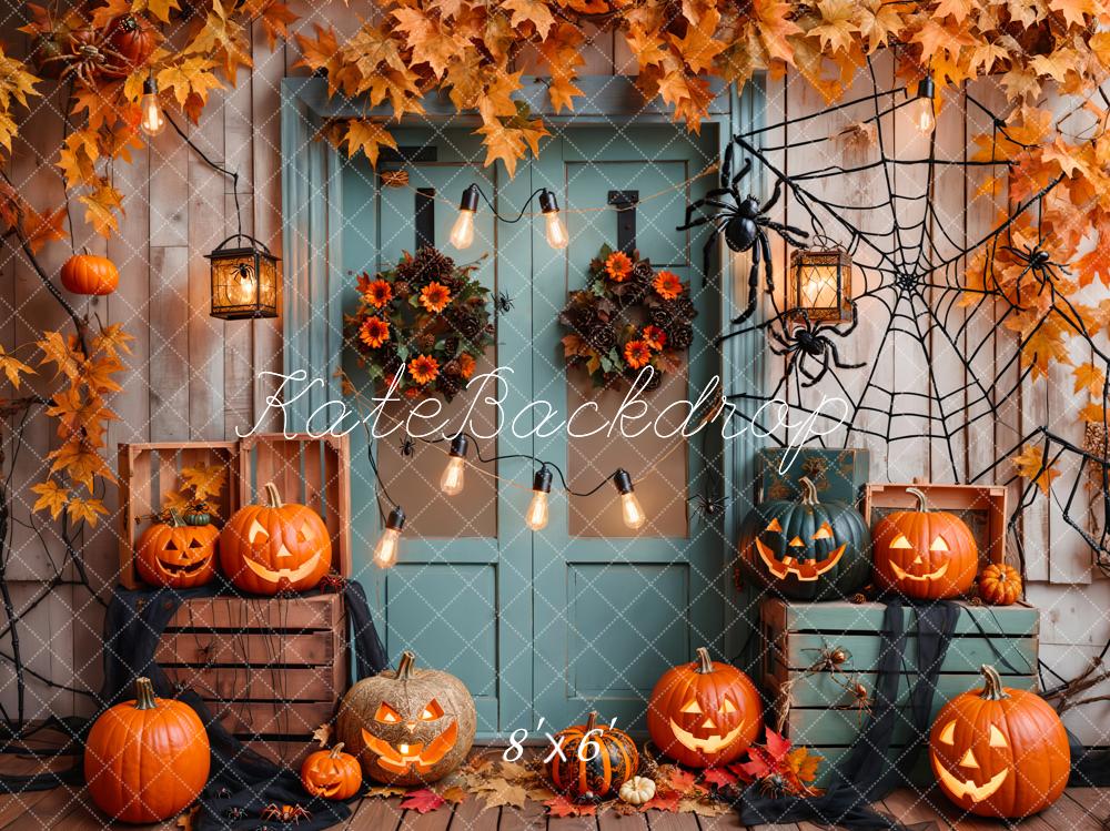 Kate Halloween Pumpkin Maple Blue Door Backdrop Designed by Emetselch - Image 7