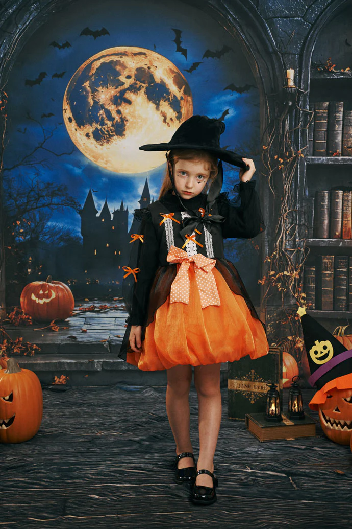 Kate Halloween Pumpkin Moon Vintage Bookshelf Backdrop Designed by Emetselch - Image 2