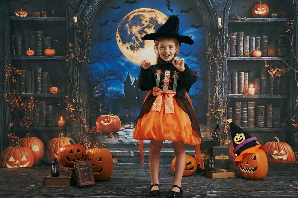 Kate Halloween Pumpkin Moon Vintage Bookshelf Backdrop Designed by Emetselch - Image 3