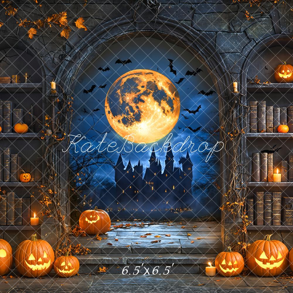 Kate Halloween Pumpkin Moon Vintage Bookshelf Backdrop Designed by Emetselch - Image 4