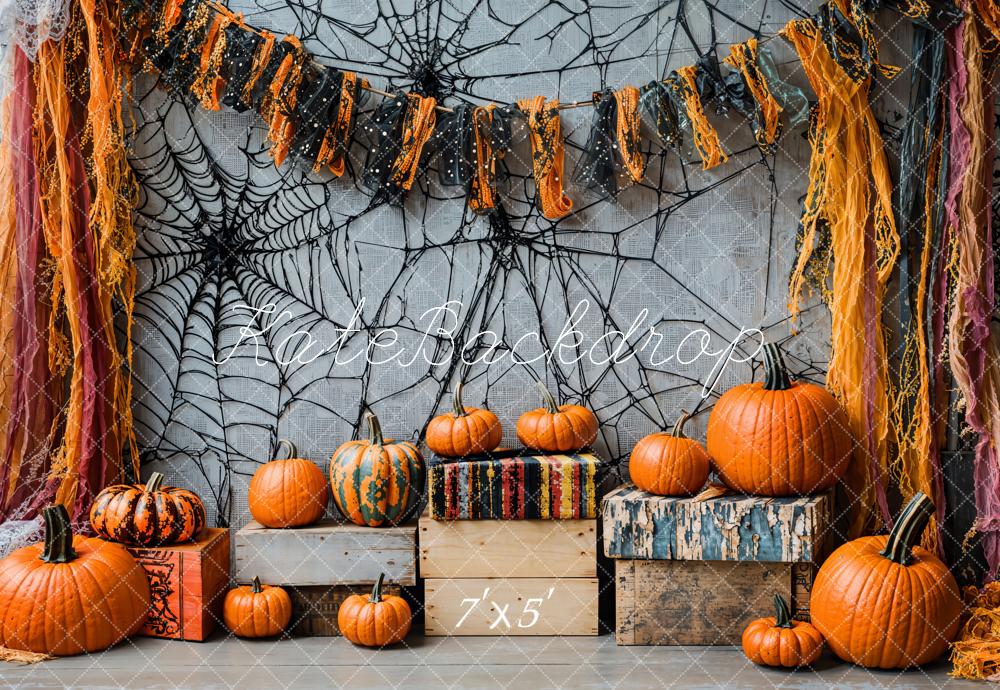 Kate Halloween Pumpkin Spiderweb Vintage Backdrop Designed by Emetselch
