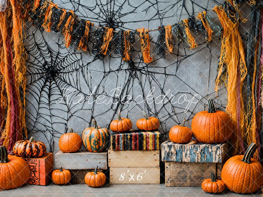 Kate Halloween Pumpkin Spiderweb Vintage Backdrop Designed by Emetselch - Image 3