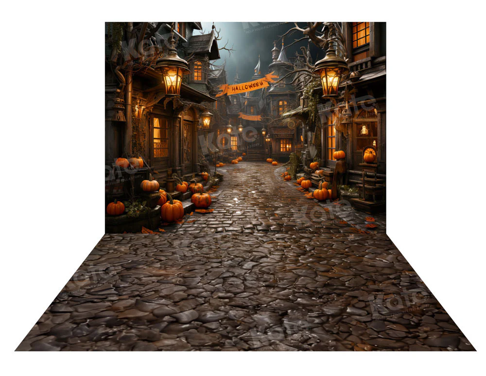 Kate Halloween Pumpkin Street Backdrop+Brown Stone Floor Backdrop - Image 2