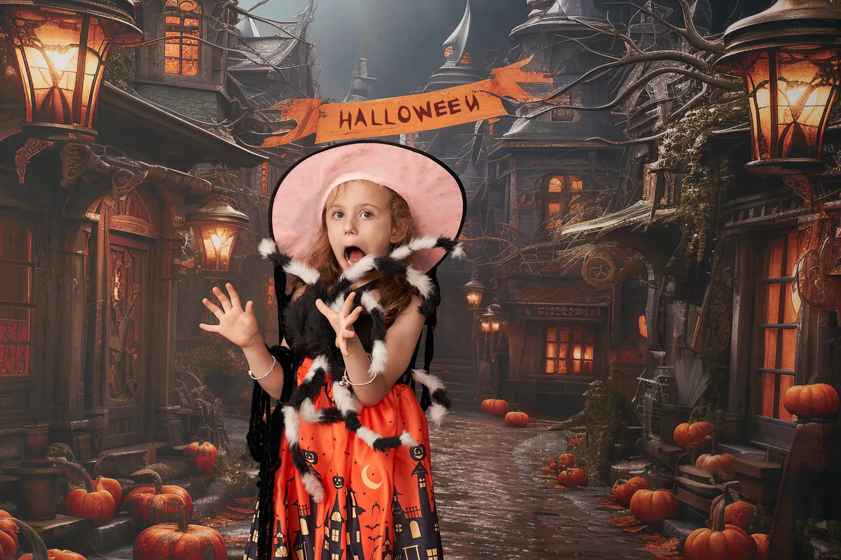 Kate Halloween Pumpkin Street Backdrop+Brown Stone Floor Backdrop - Image 3