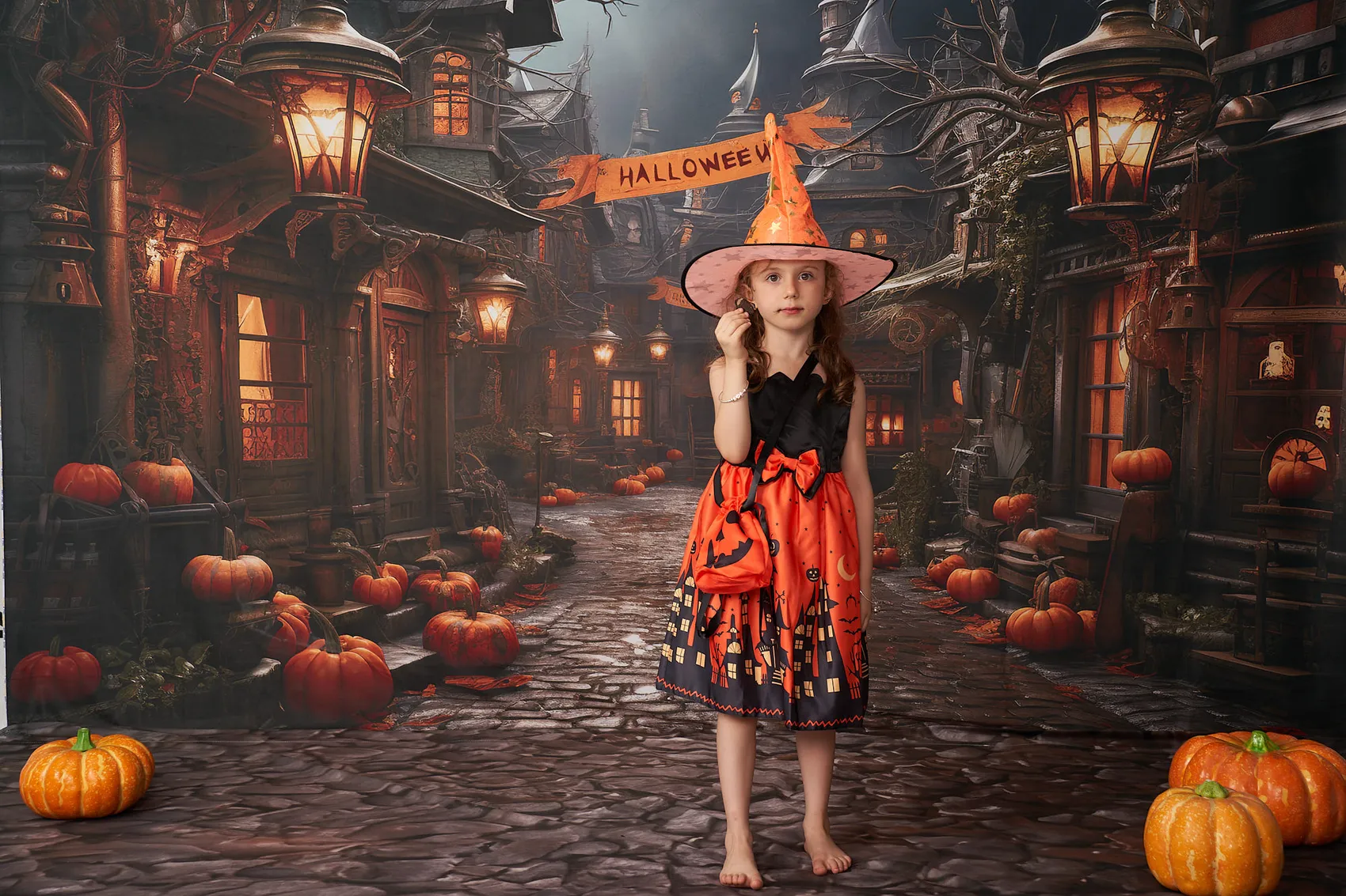 Kate Halloween Pumpkin Street Backdrop+Brown Stone Floor Backdrop - Image 5