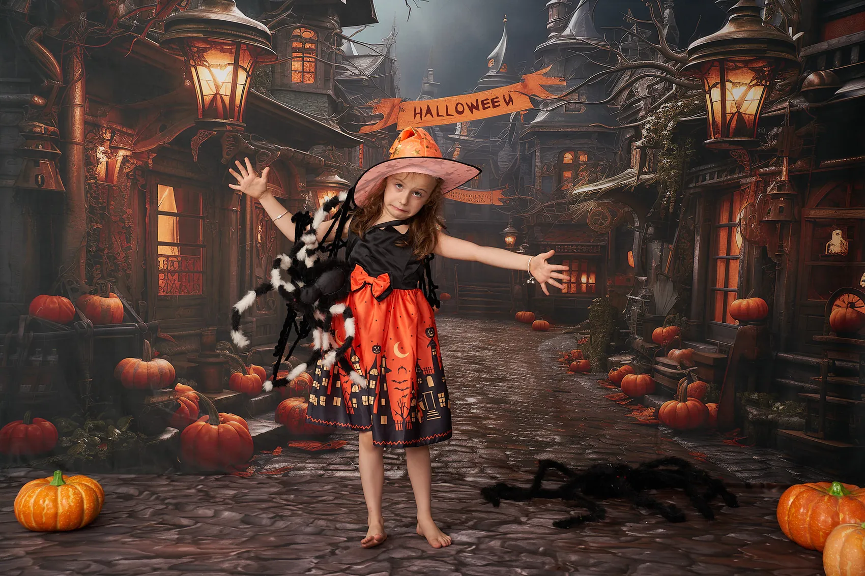 Kate Halloween Pumpkin Street Backdrop+Brown Stone Floor Backdrop - Image 6